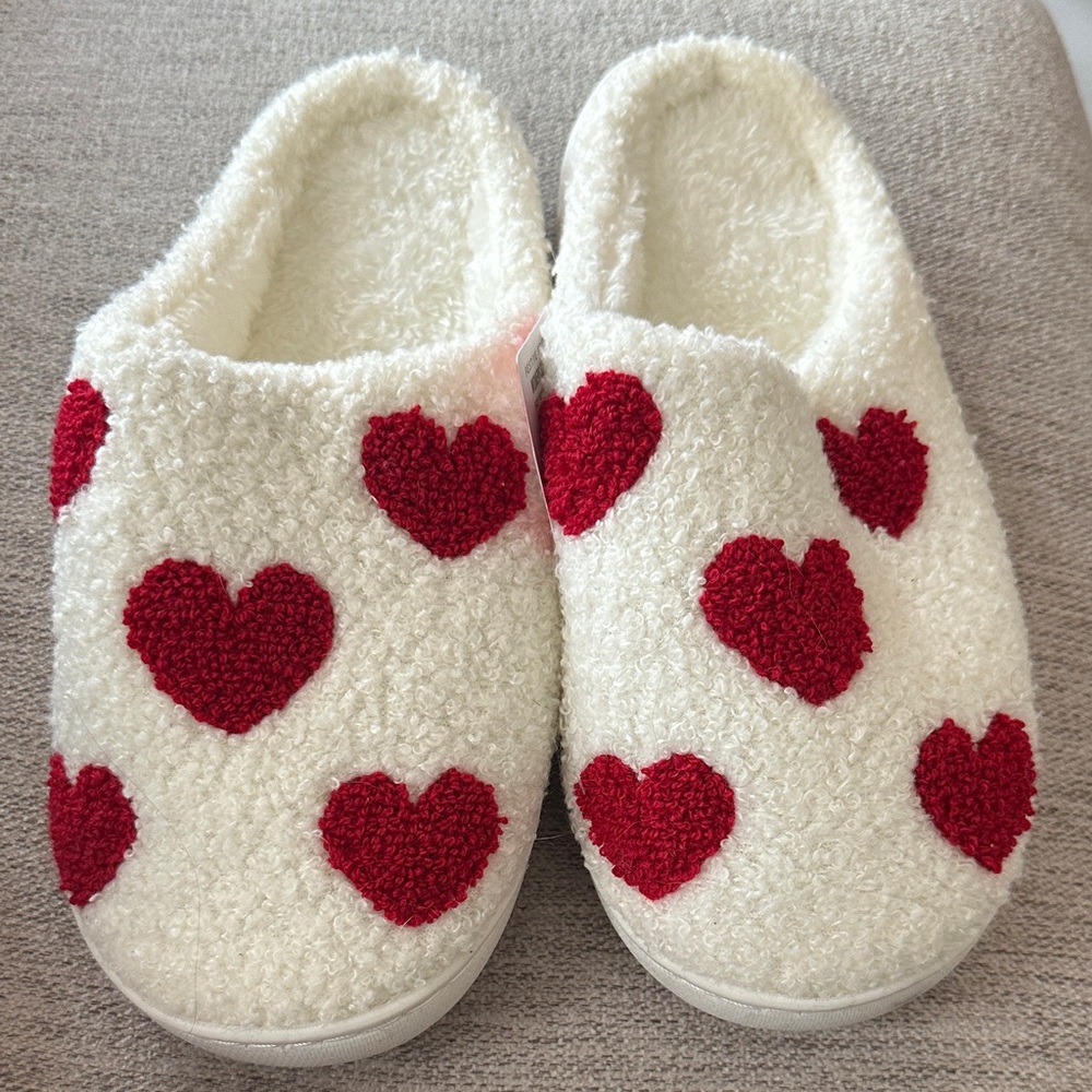 Cozy White Slippers with Red Hearts